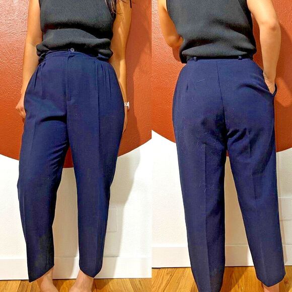vtg 80s navy blue Wool High Waist Suit Dad Trousers 27" tailored business medium - Picture 1 of 7